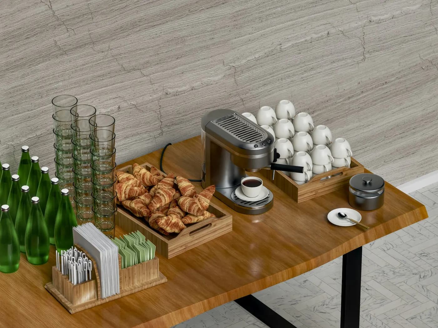 An office pantry station laid out with bottled drinks, a coffee machine, cups and snacks