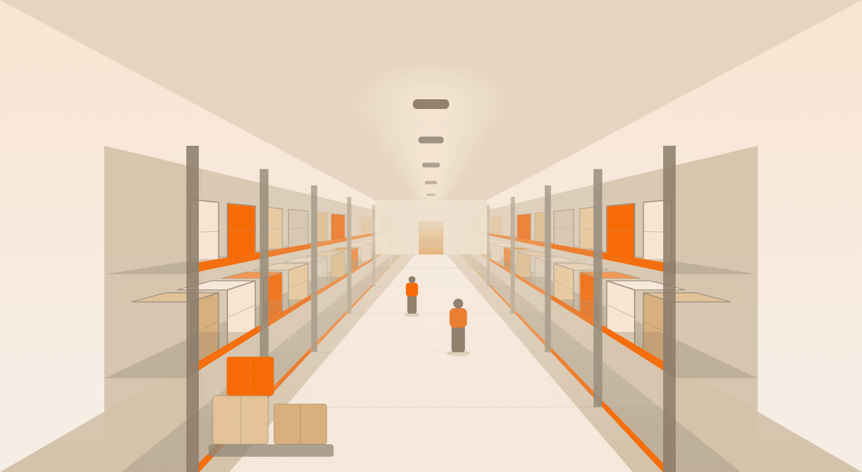 Illustration of a Nxtby warehouse aisle, racking stacked with cartons