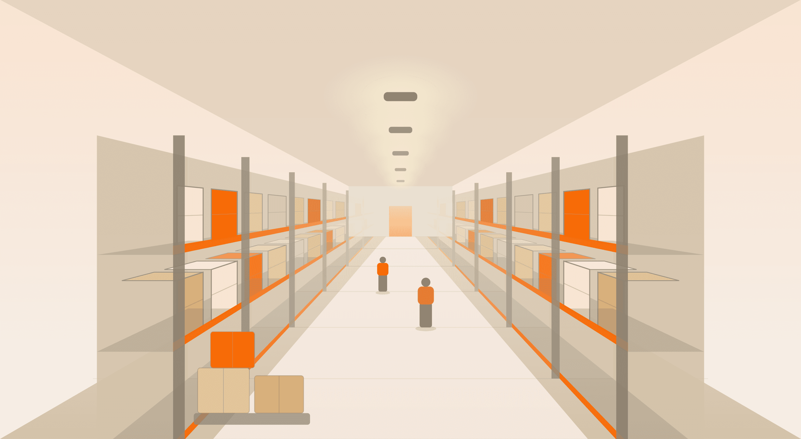 Illustration of a Nxtby warehouse aisle, racking stacked with cartons
