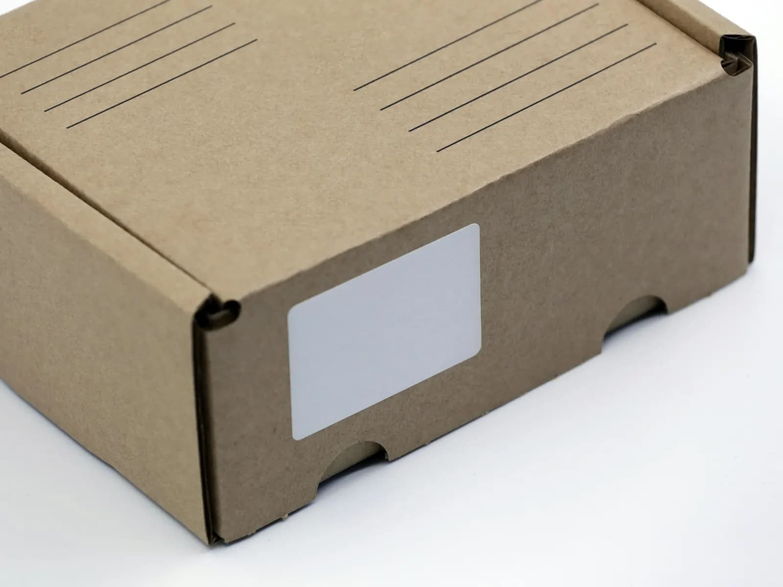 A sealed cardboard carton with a blank address label